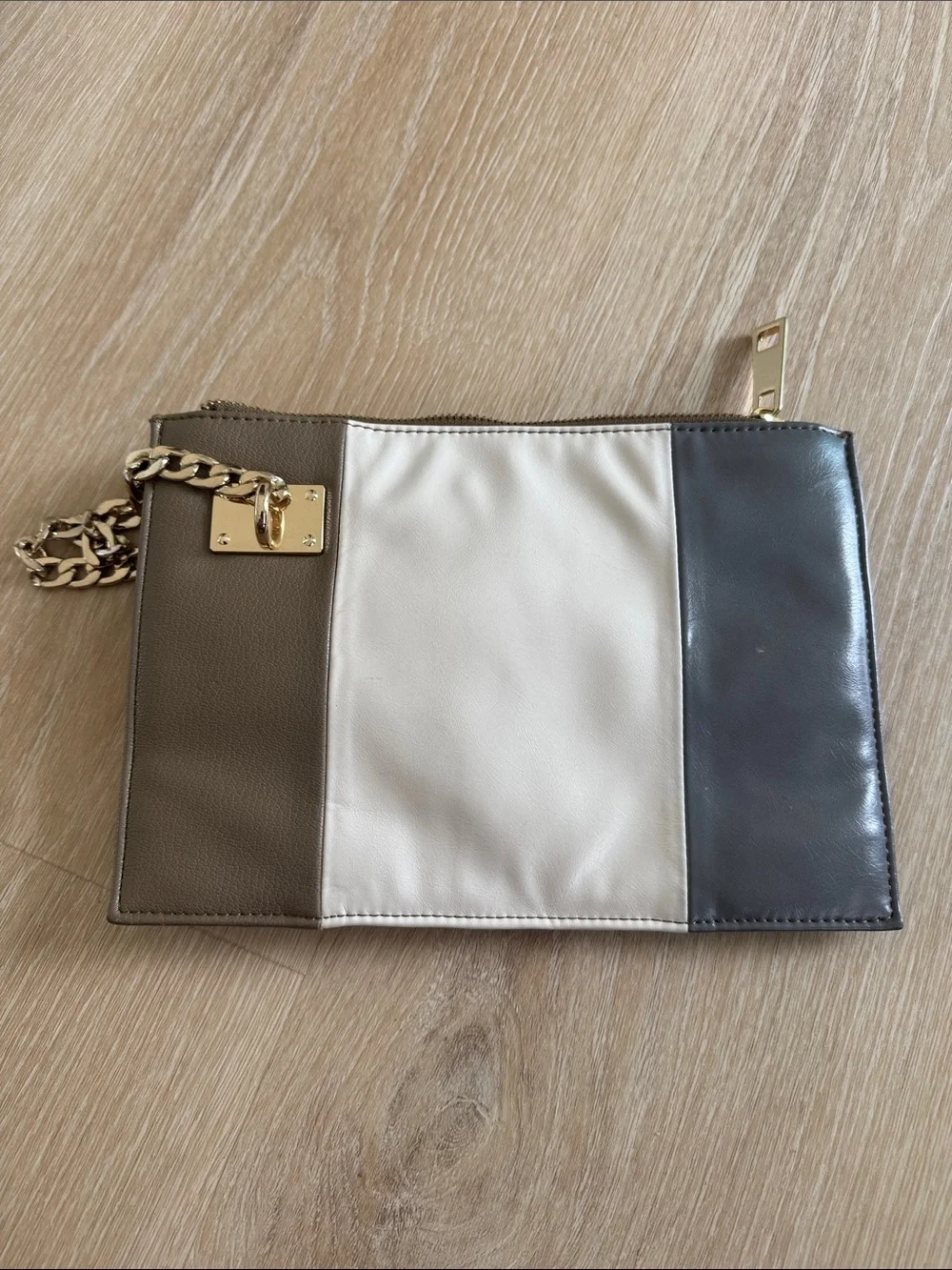 Sondra Roberts Tri-Panel Leather Wristlet Clutch in Gray, Cream & Brown